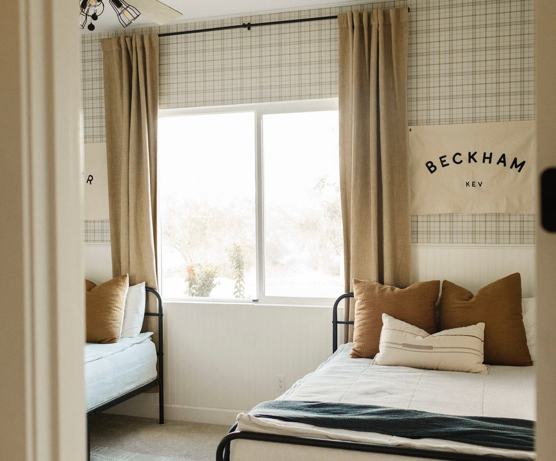 Alcott Plaid Wallpaper in Olive Green and Cream Farmhouse