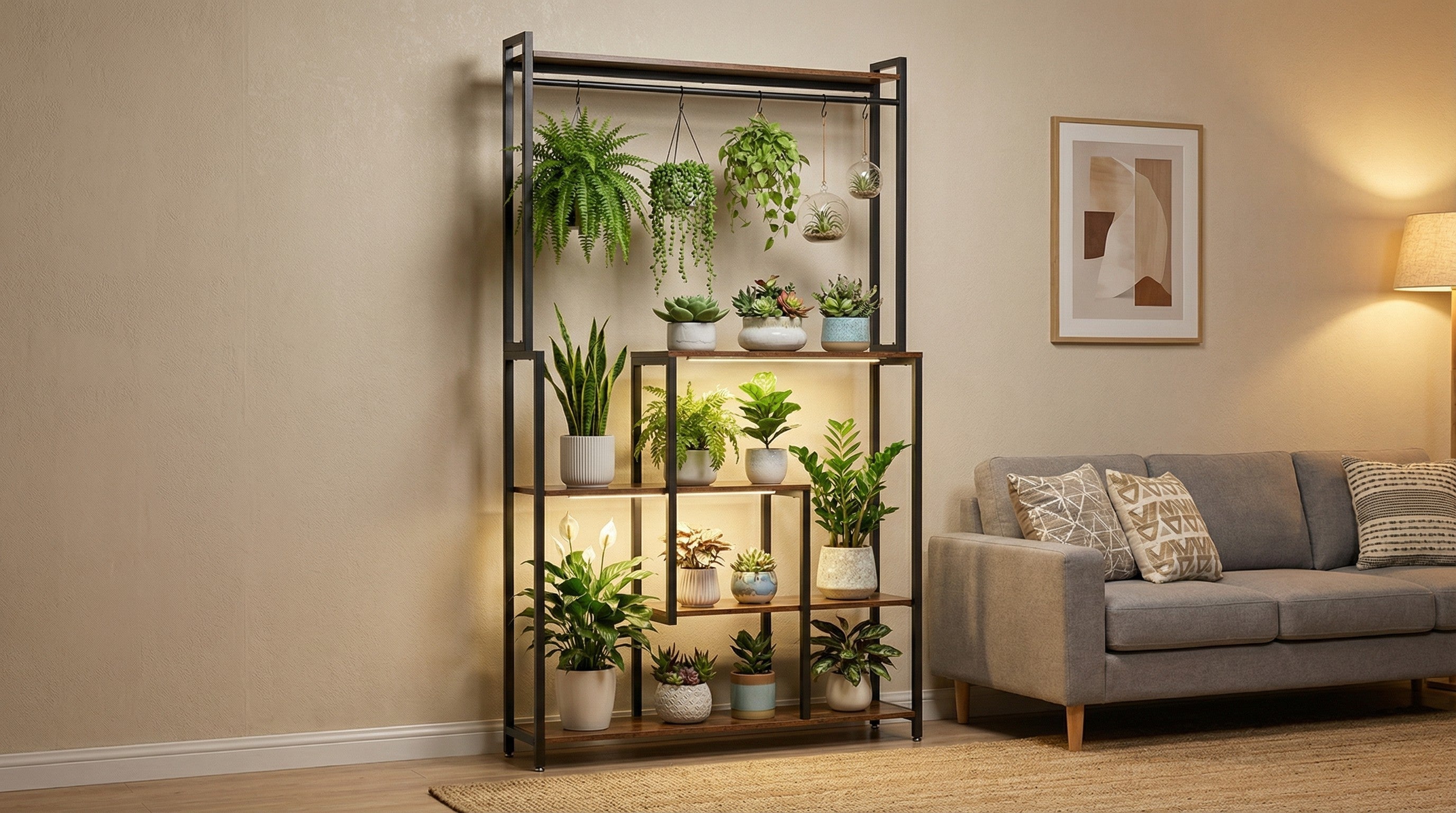 5-Tier Industrial Metal Display Shelf with LED Lighting