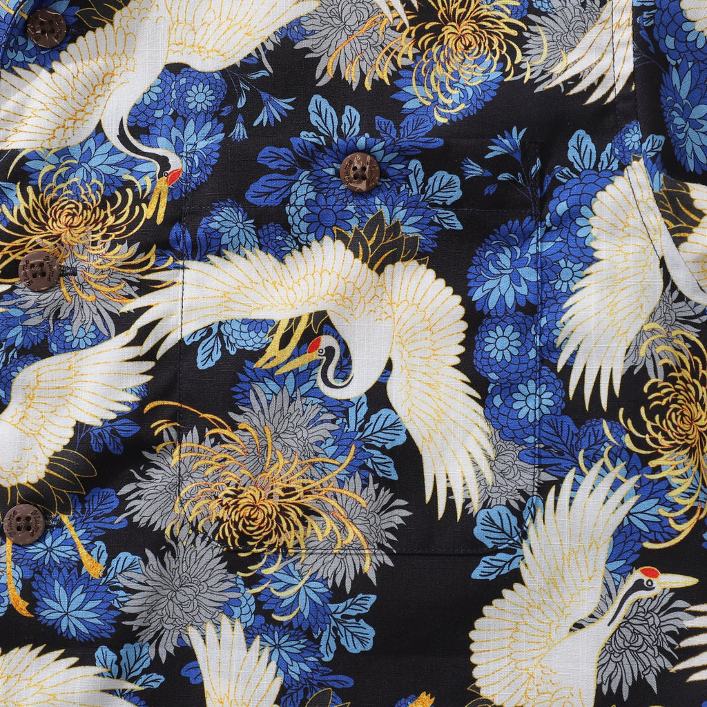 Crane Print Men’s Hawaiian Camp Collar Cotton Resort Shirt