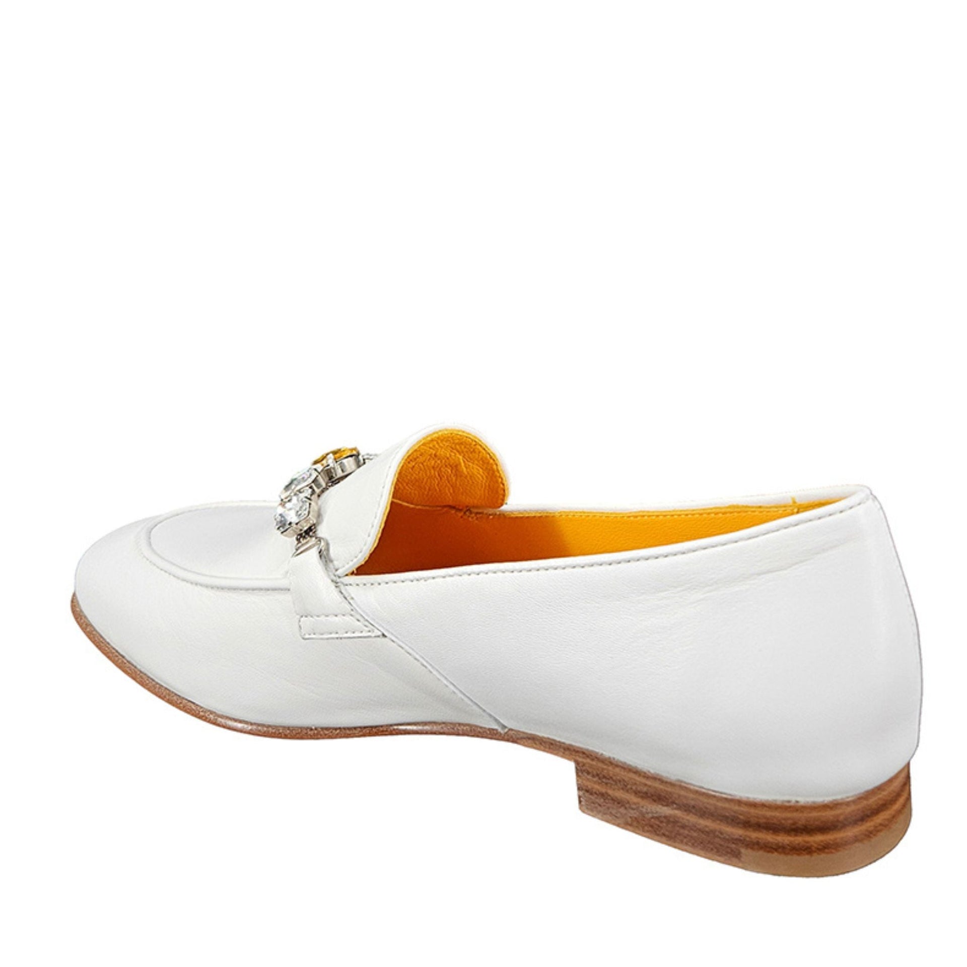 White Leather Flat Jeweled Loafers with Crystal Embellishment