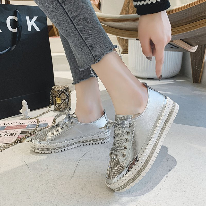 Women’s Leopard Canvas Lace-Up Sneakers with Rhinestone Accents