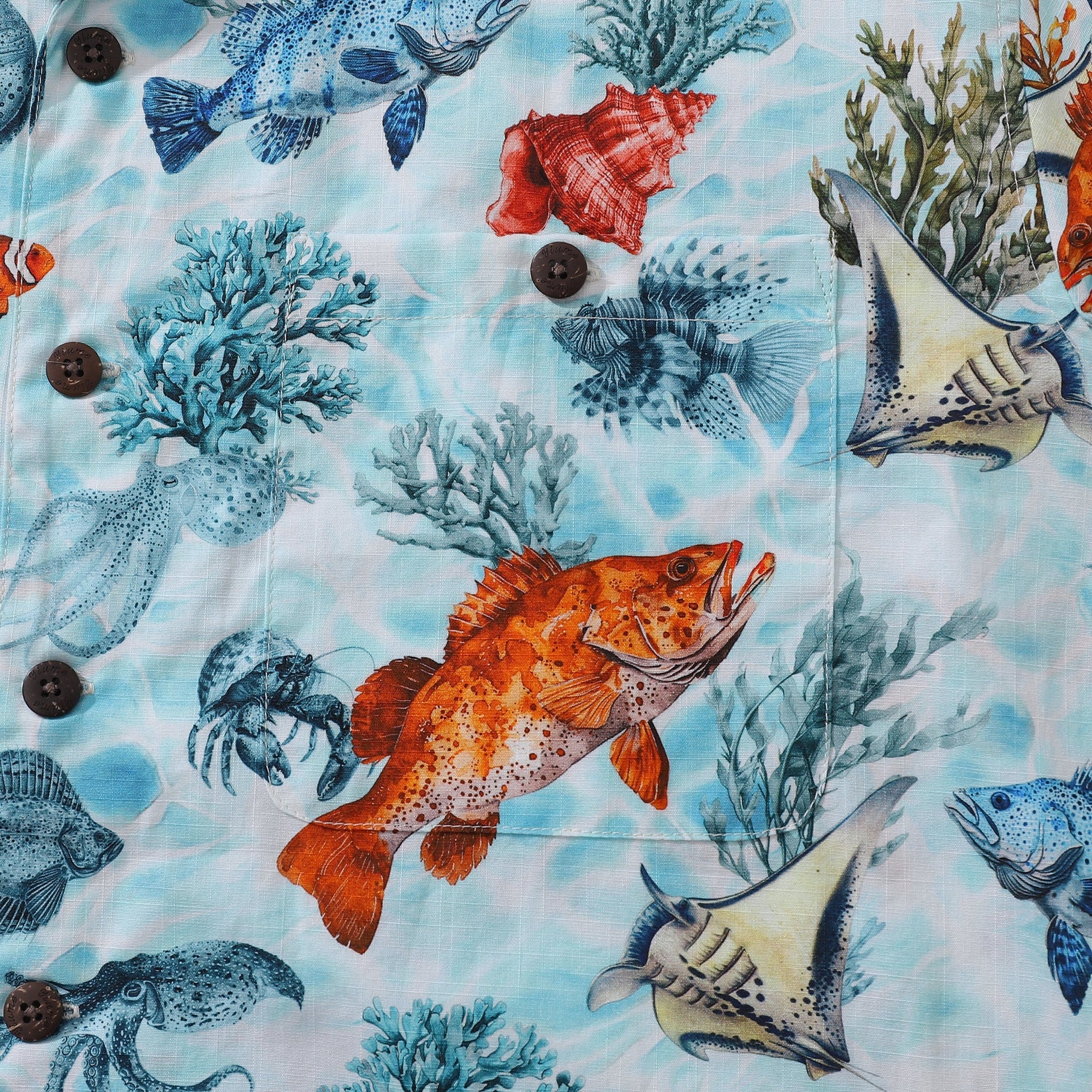 Men's Fish Print Hawaiian Shirt, Coastal Camp Collar Cotton