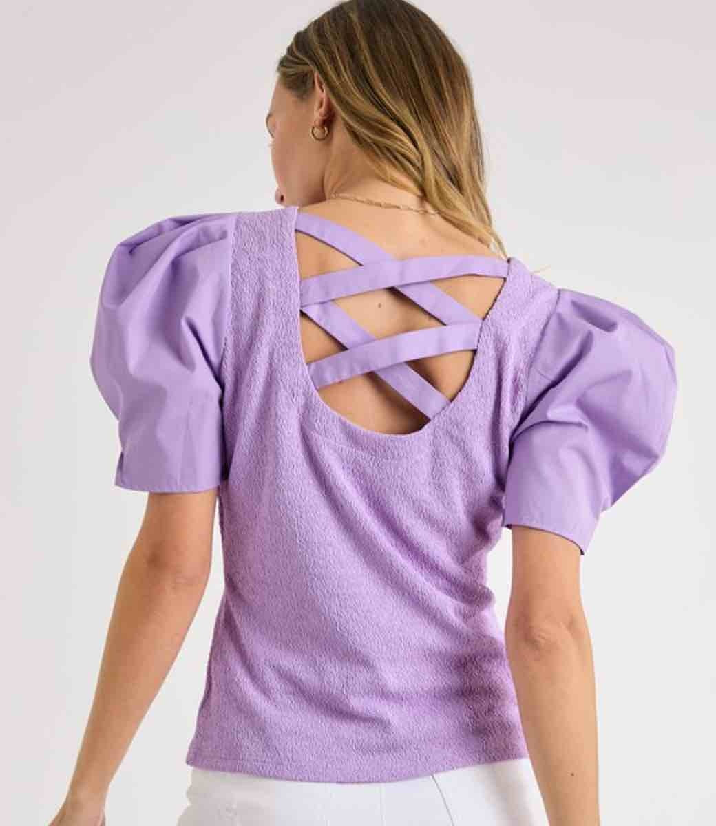 Textured Knit Poplin Sleeve Top in Coral Short Sleeve Blouse