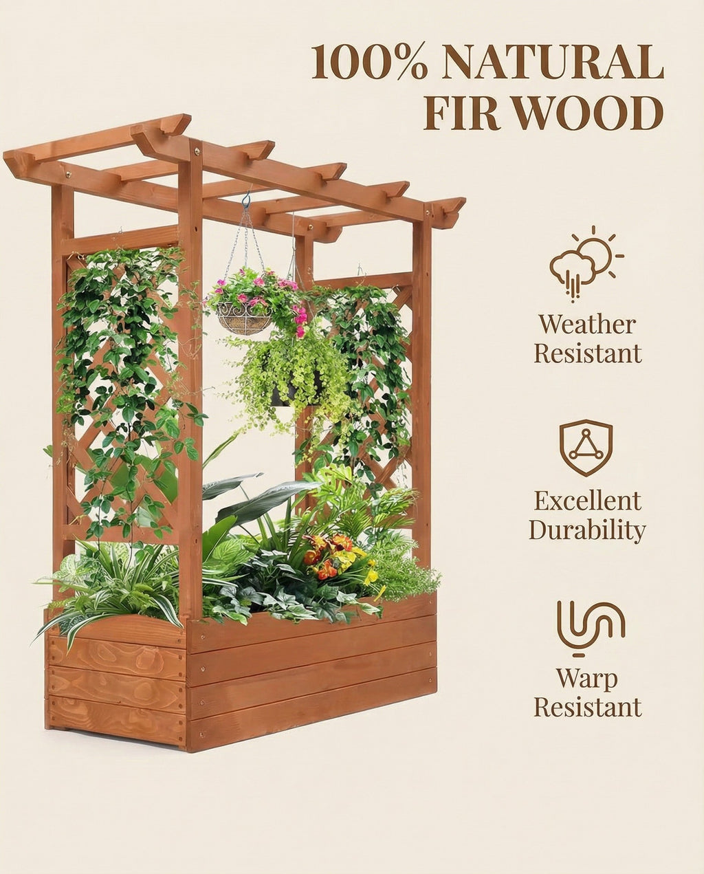 Raised Wooden Planter Box with Trellis for Climbing Plants Brown