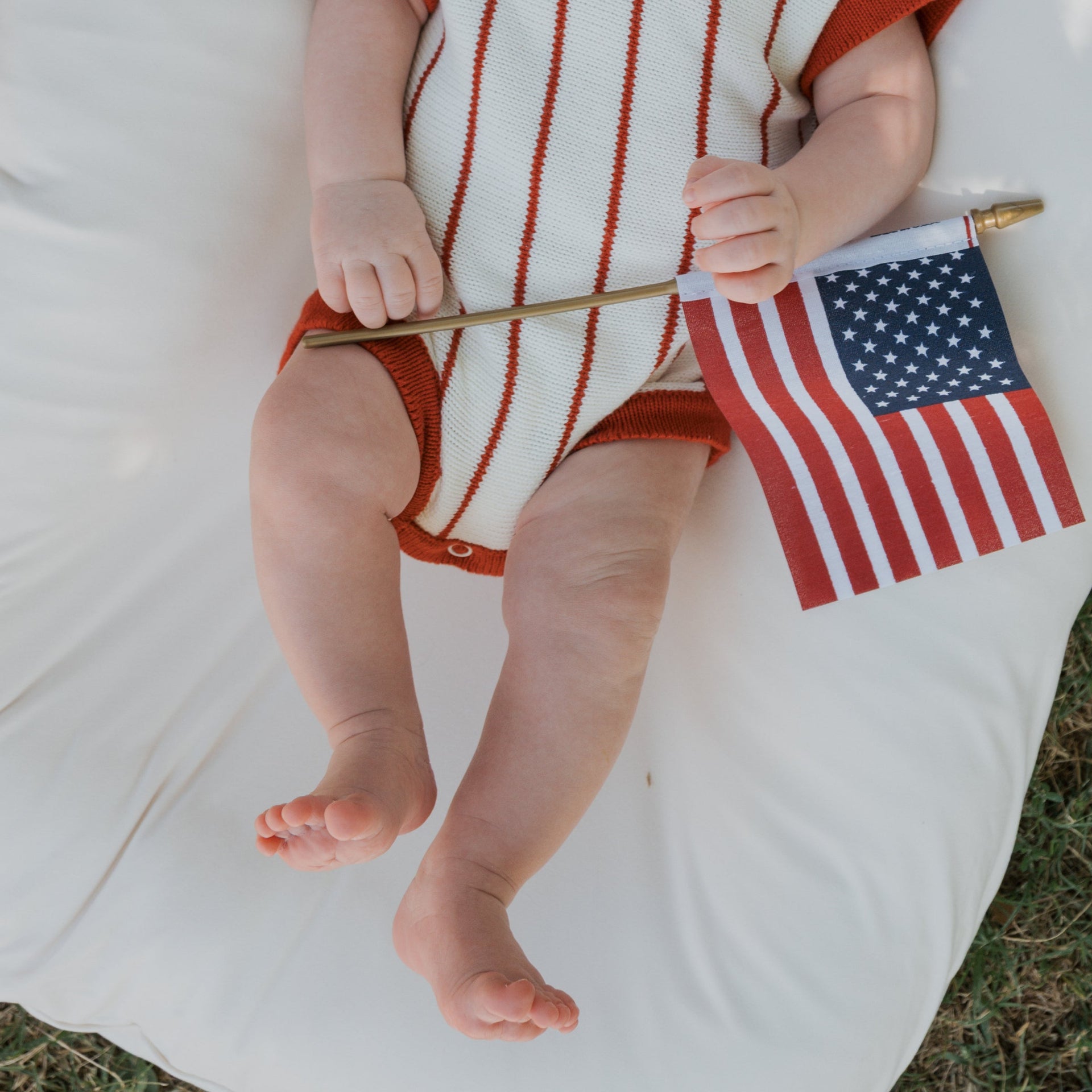 Unisex Knit Romper in Off-White and Red Pinstripe