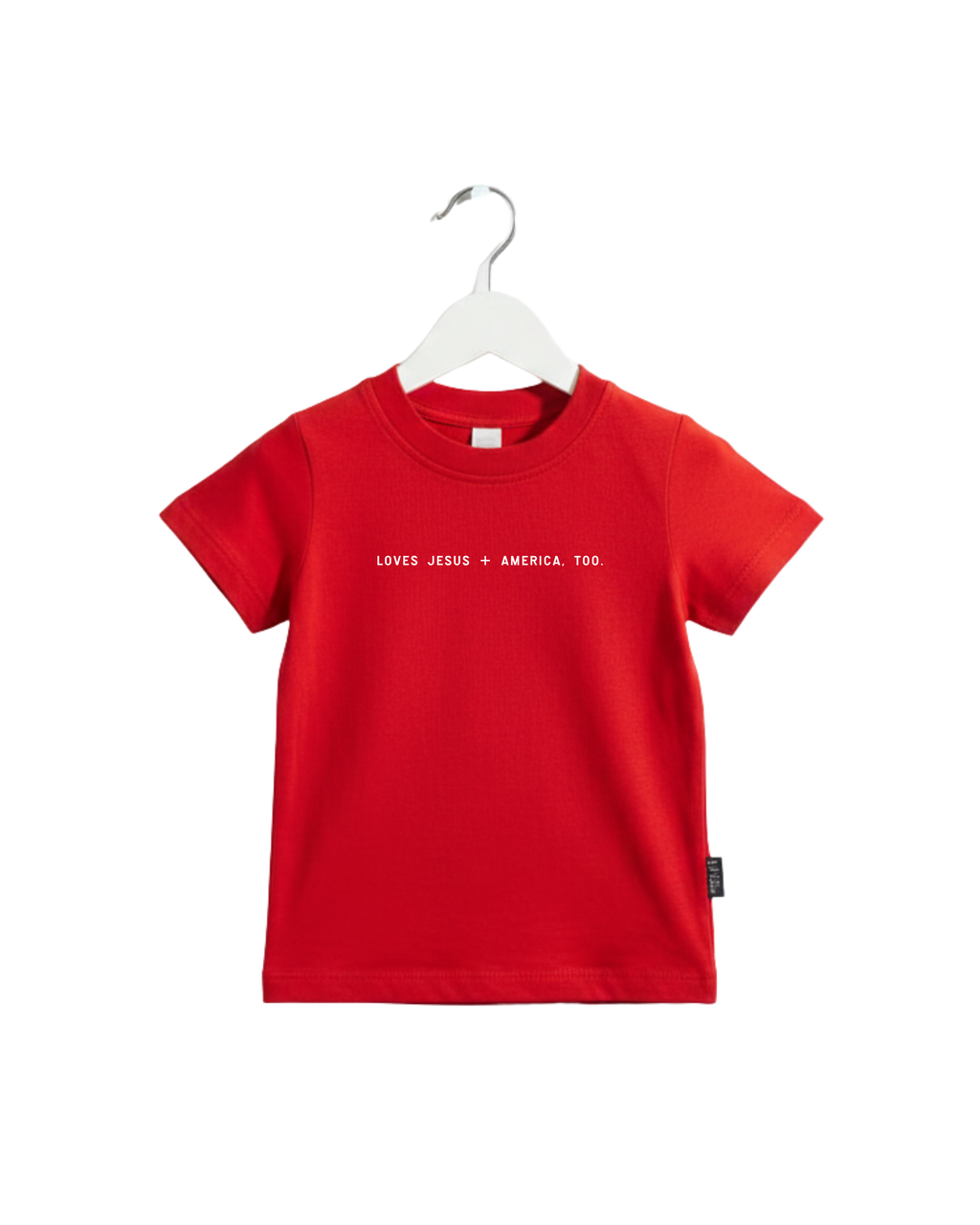 Child wearing a soft cotton t-shirt with the text Loves Jesus + America, Too