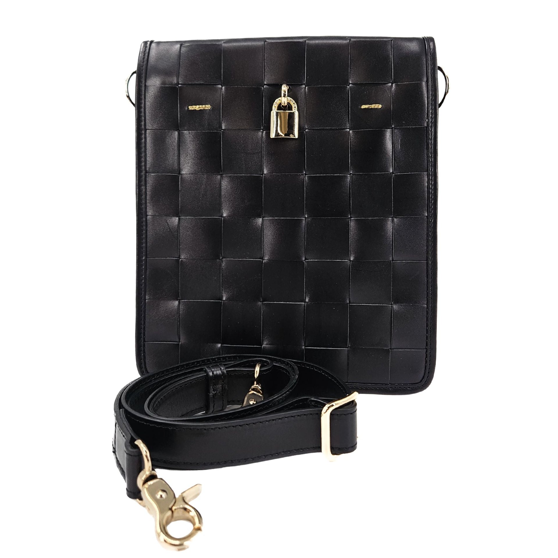 A black woven calfskin leather crossbody bag with a gold-tone signature lock and detachable adjustable strap.