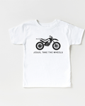 White kids graphic t-shirt featuring a Jesus Take the Wheels dirt bike design