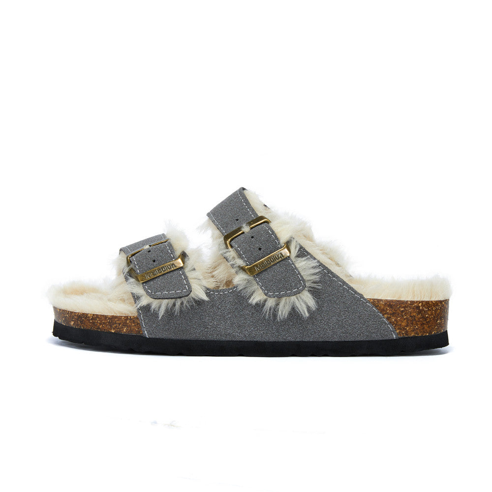 Women's Fur-Lined Adjustable Buckle Clog Slippers for Indoor Outdoor