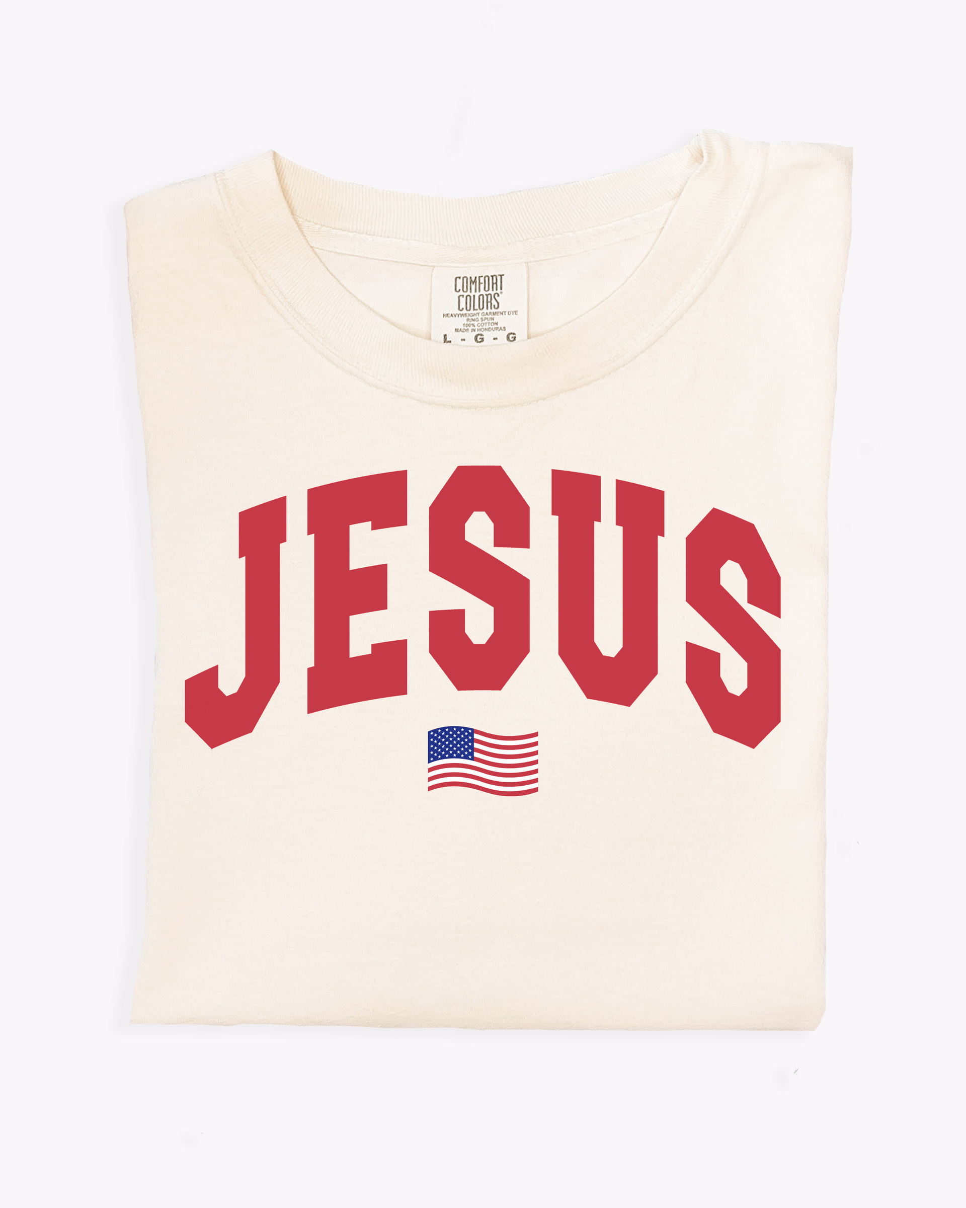 Unisex Jesus Flag graphic t-shirt in off-white, made of heavyweight cotton.