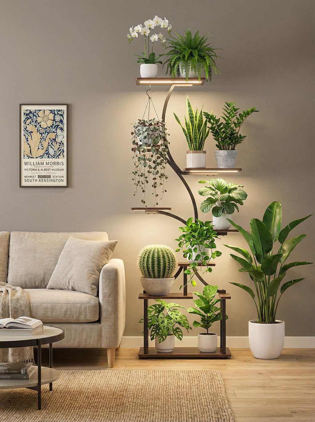 Modern 8-tier industrial metal corner plant stand with dark wood shelves in a living room.