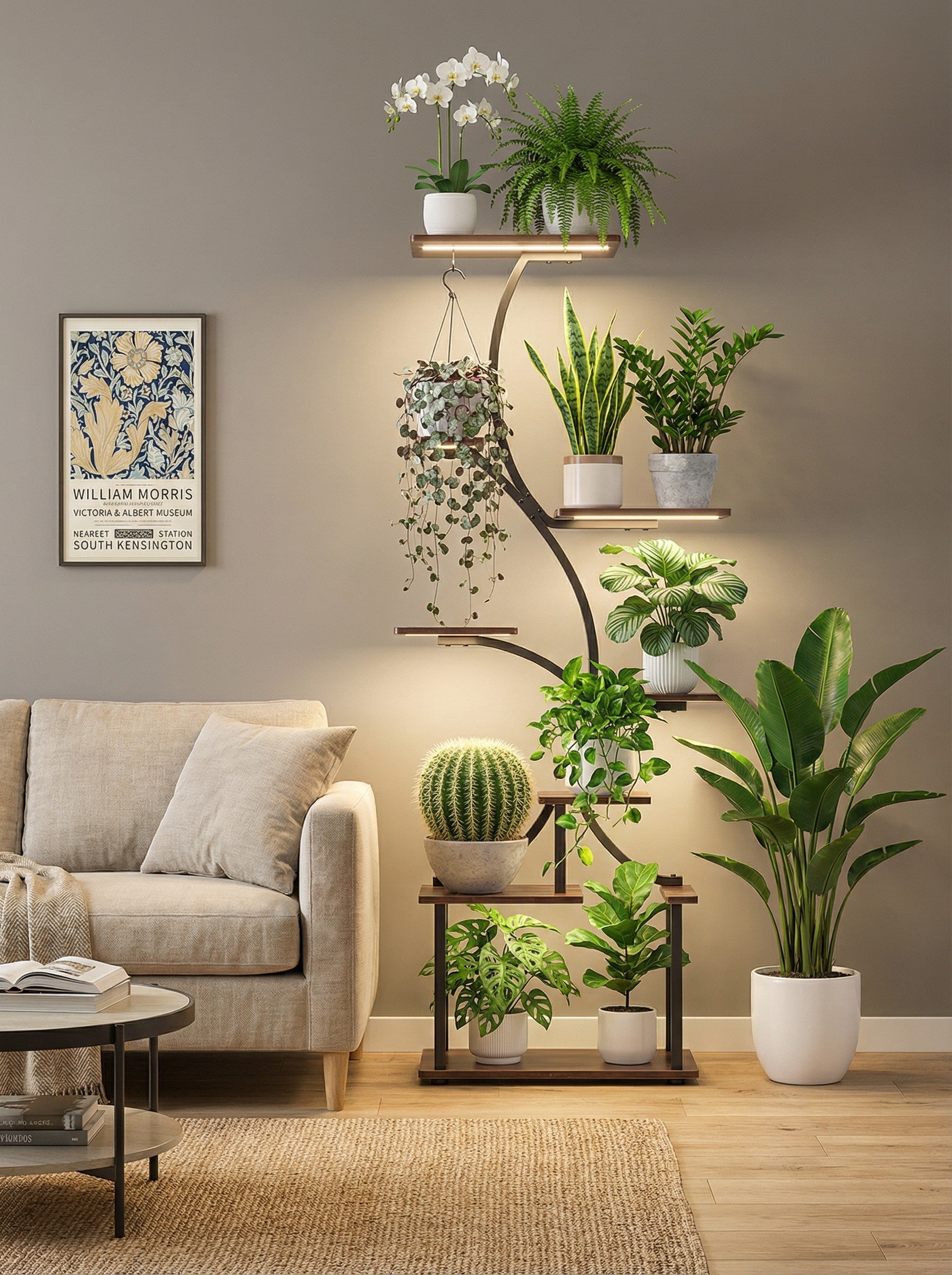 Modern 8-tier industrial metal corner plant stand with dark wood shelves in a living room.