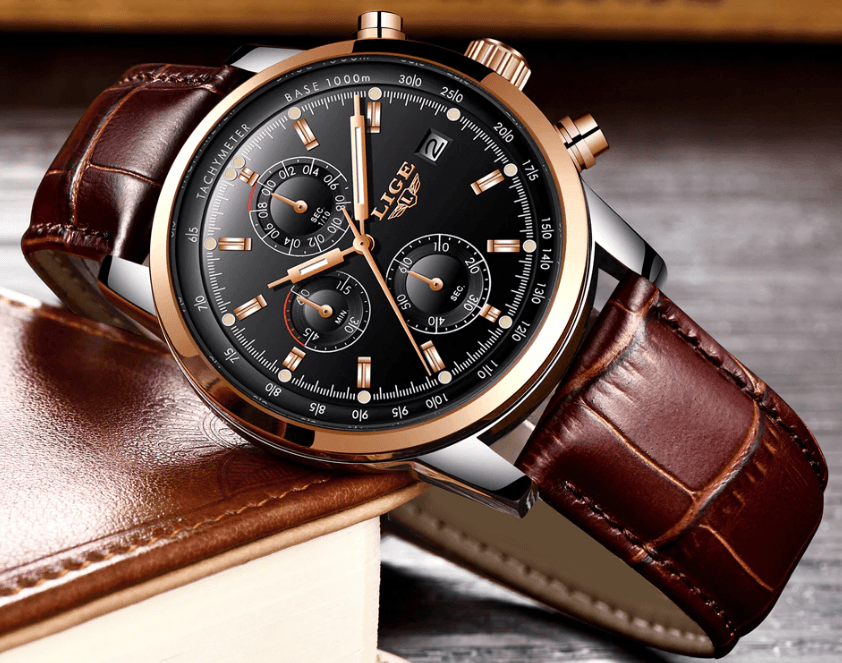 Waterproof Men's Quartz Watch with Chronometers and Brown Strap