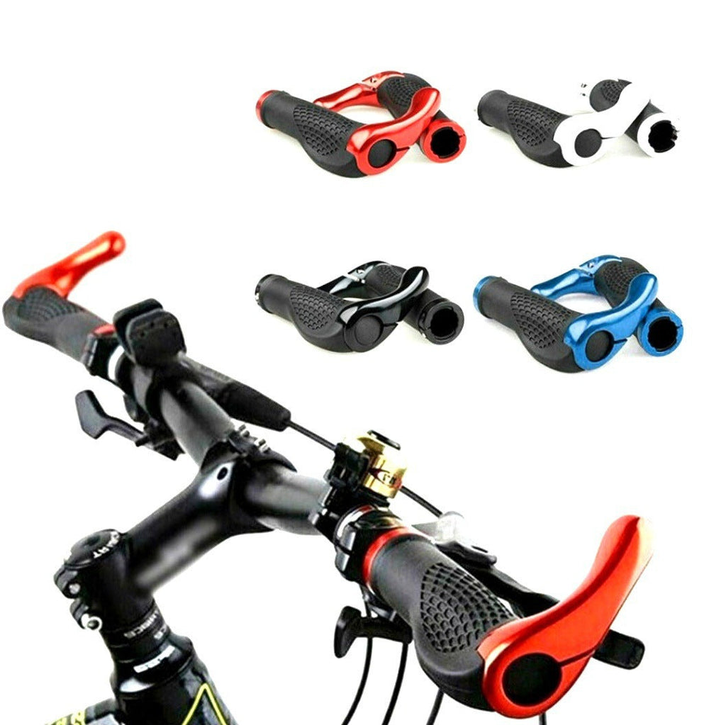 Close-up of ergonomic mountain bike handlebar grips with aluminum alloy locking clamps in black