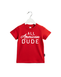 A boy wearing the All American Dude cotton graphic t-shirt in a casual setting