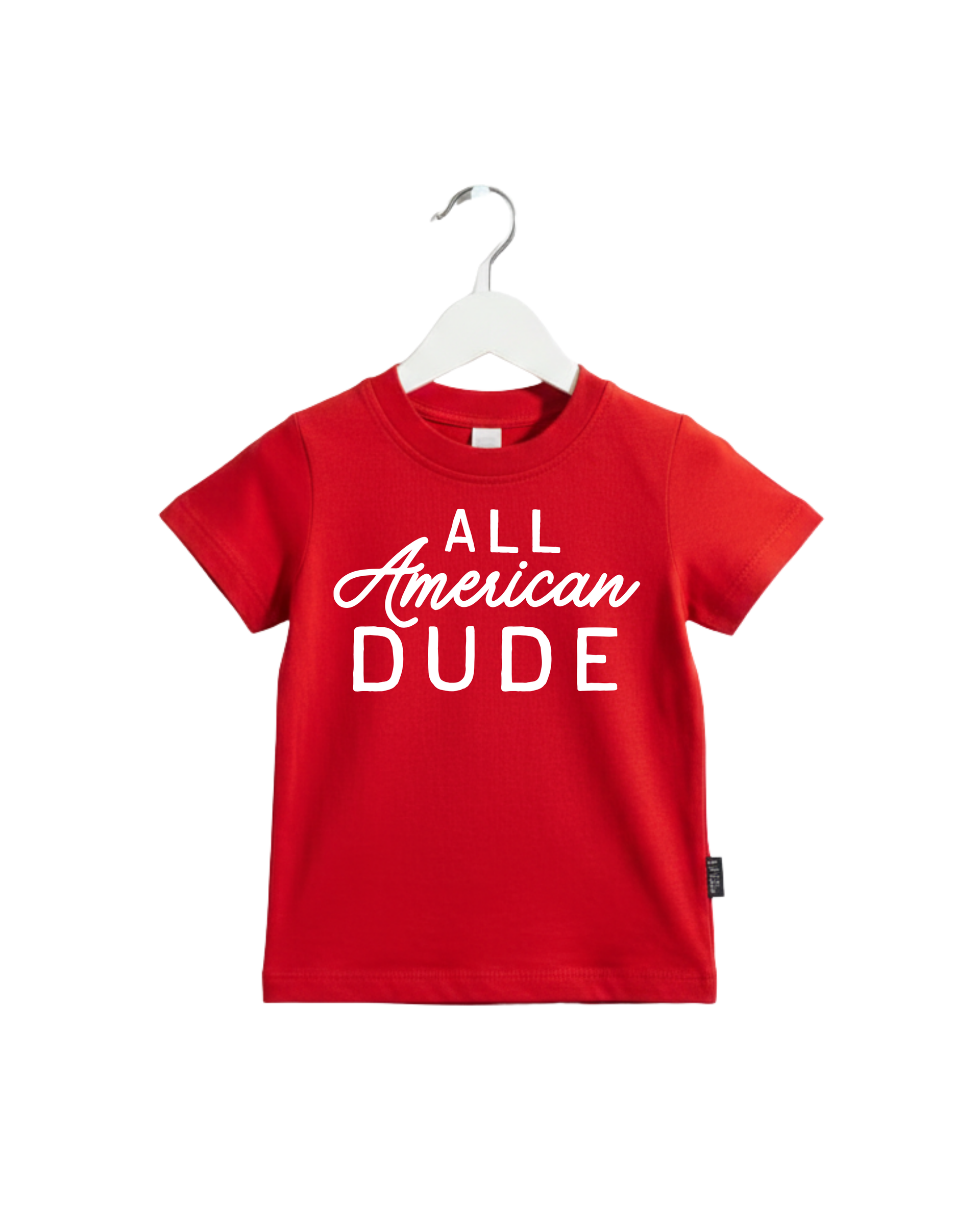 A boy wearing the All American Dude cotton graphic t-shirt in a casual setting