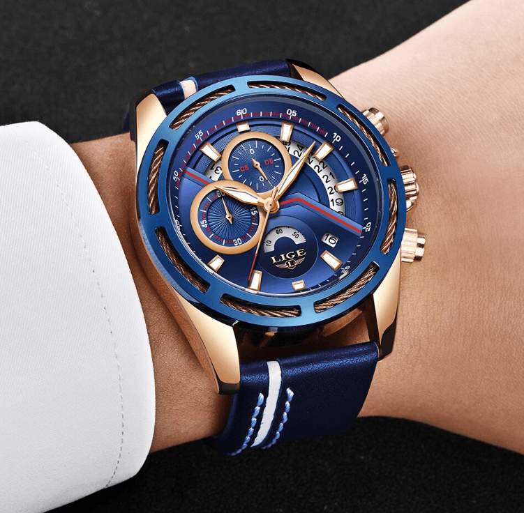 Men's Waterproof Chronograph Sports Watch with Leather Strap