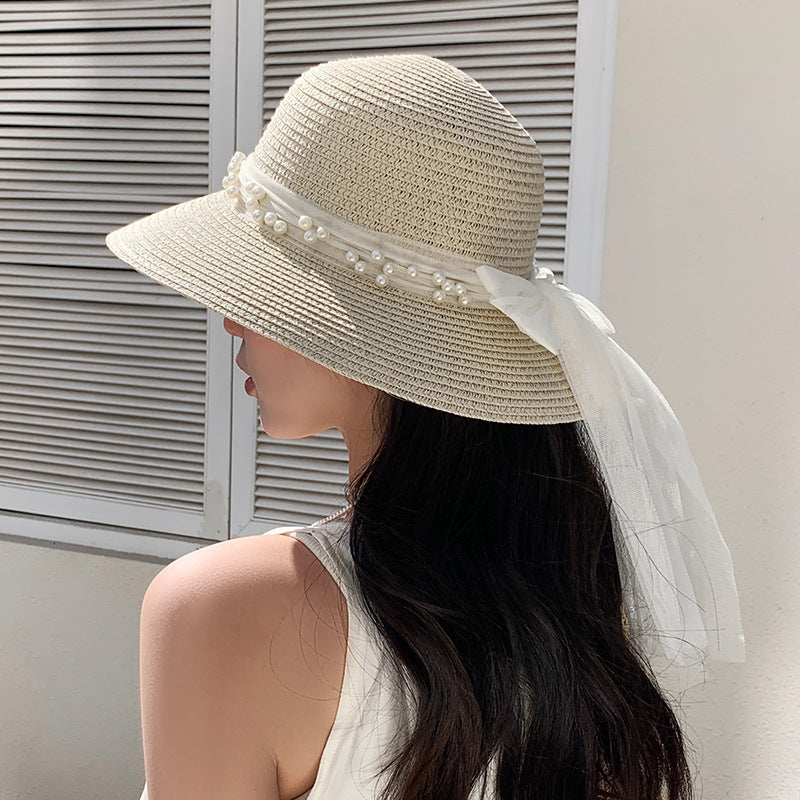 Women's Straw Sun Hat with White Bow - UV Protective Beach Visor