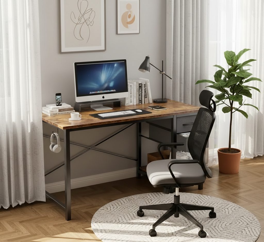 Modern Industrial Computer Desk with Fabric Storage Drawers