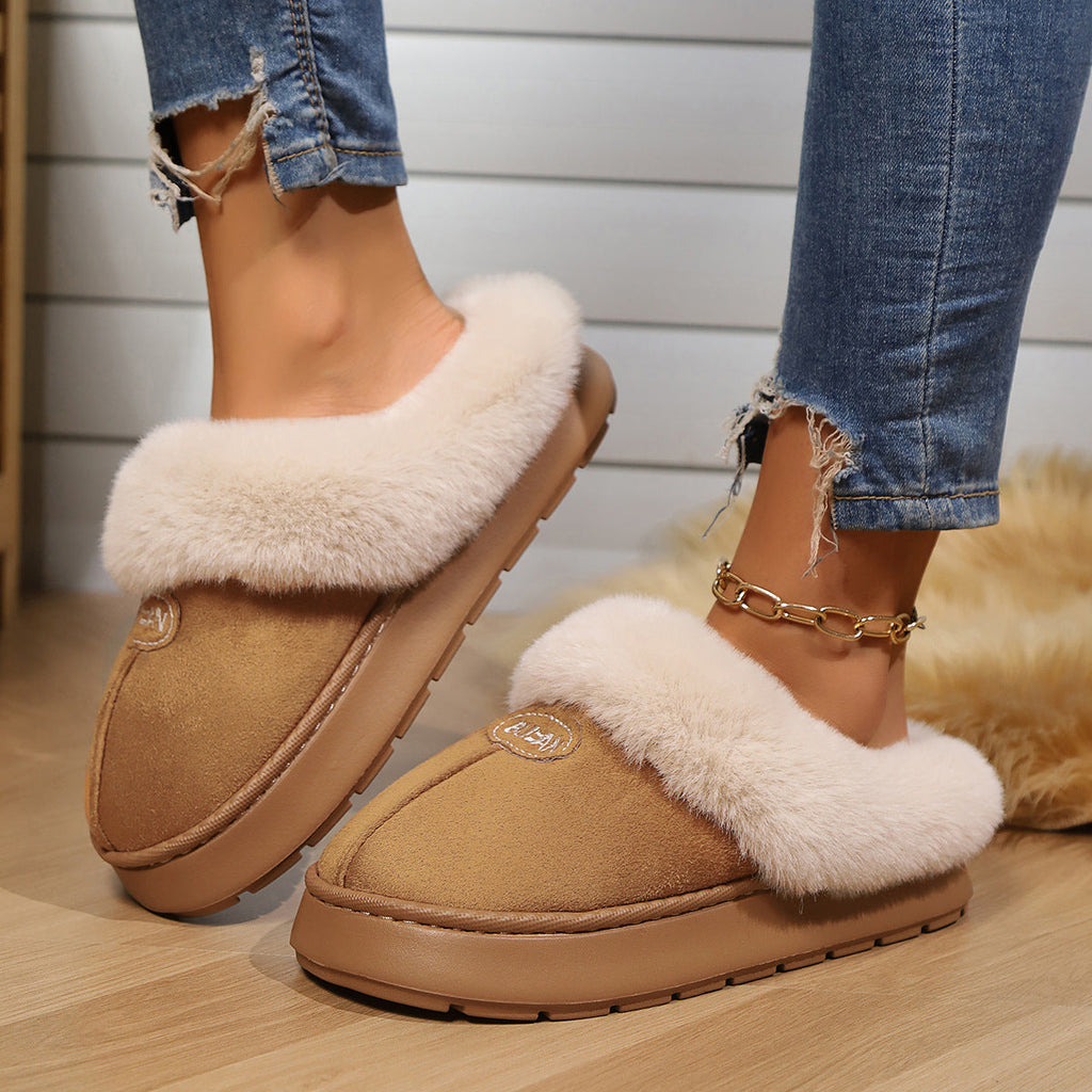Women's plush suede house slippers with memory foam in beige, brown, pink, and leopard patterns.