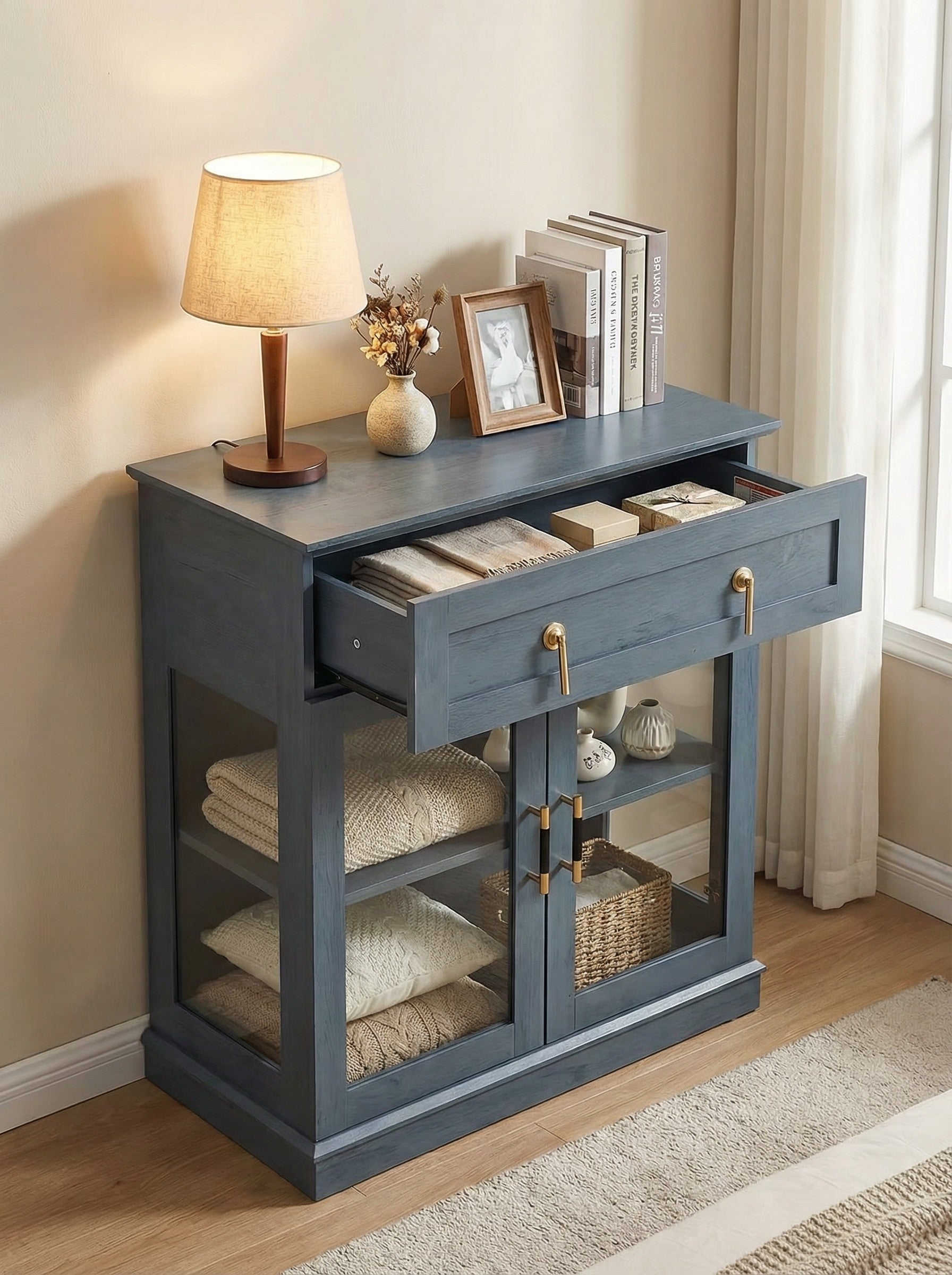 Modern Glass Door Cabinet with Adjustable Shelves, Compact Storage