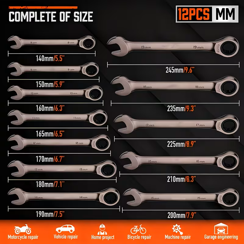 Ratcheting Wrench Set SAE Metric Steel Combination Spanner Kit
