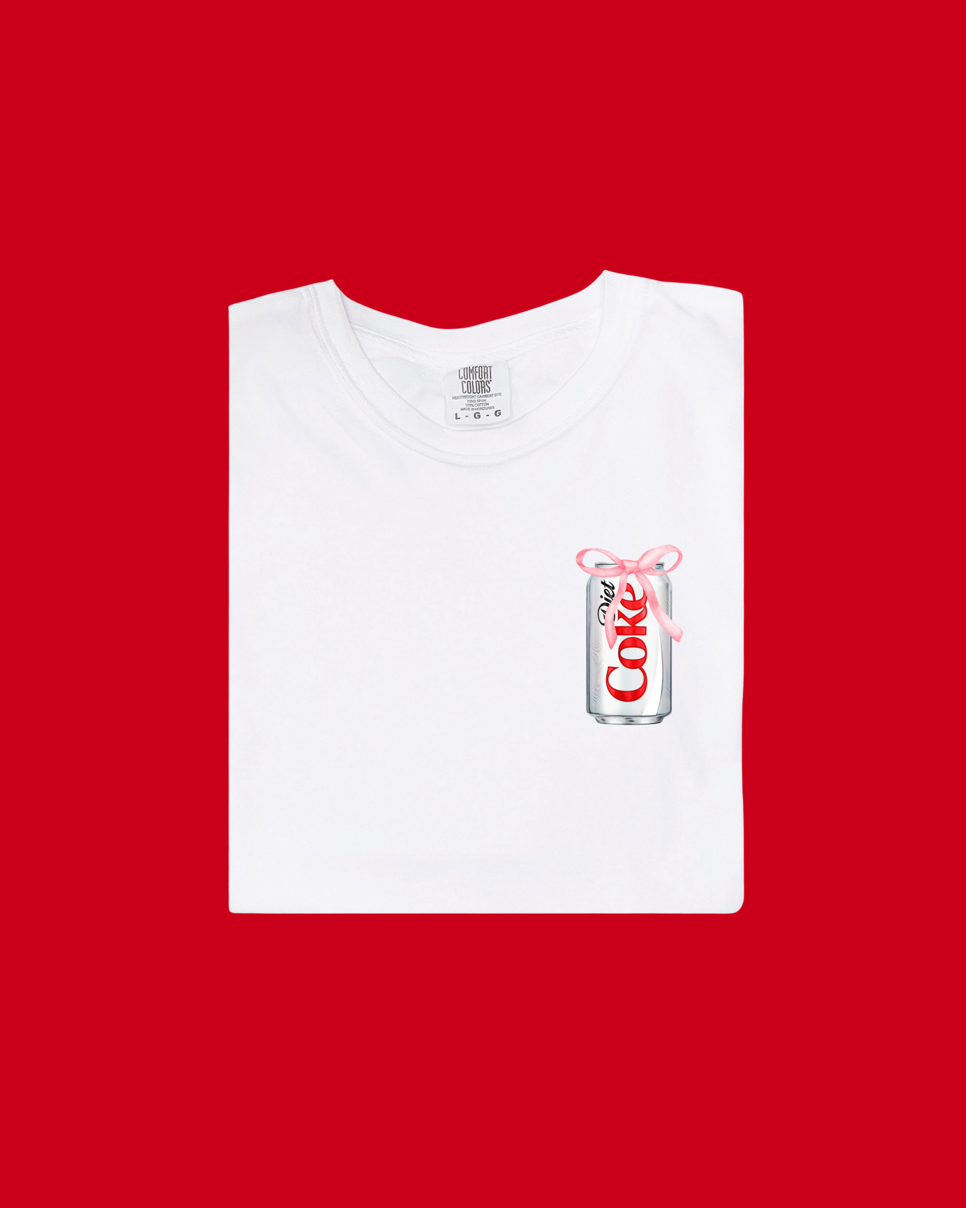 Diet Coke bow design graphic t-shirt in white, red, and pink.