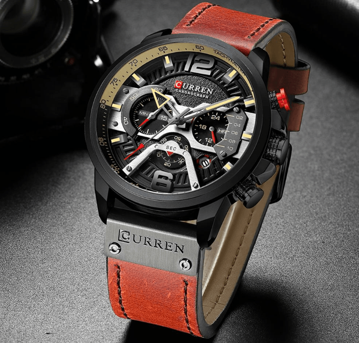 Men's Waterproof Sports Chronograph Watch with Leather Strap