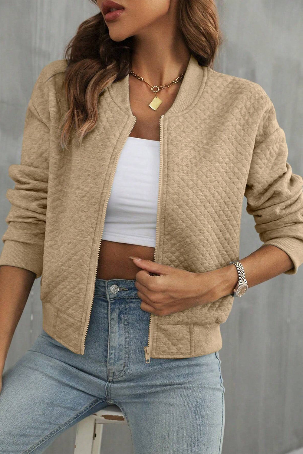 Pale Khaki Textured Baseball Collar Jacket