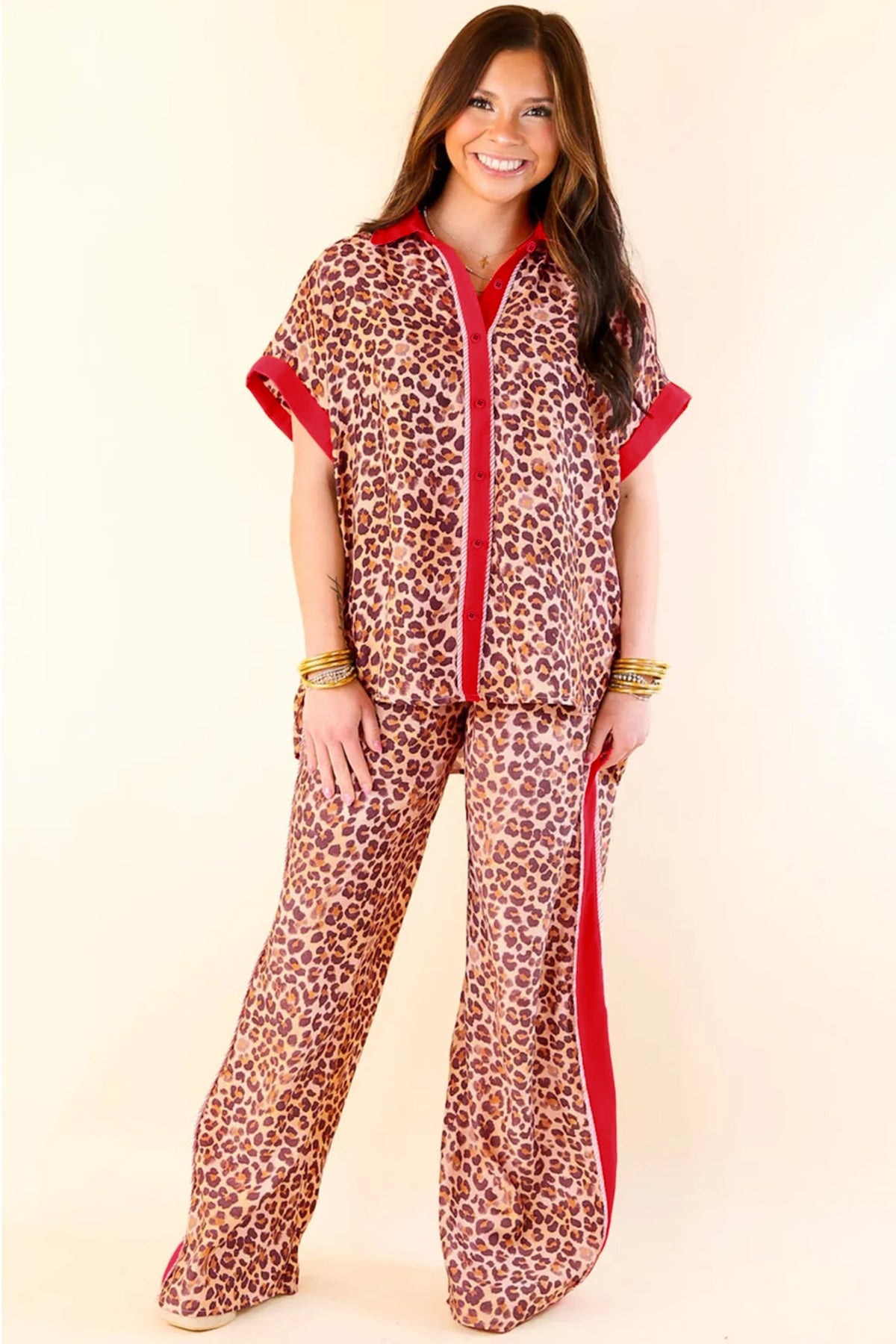 Leopard Contrast Trim Top and Pant Set