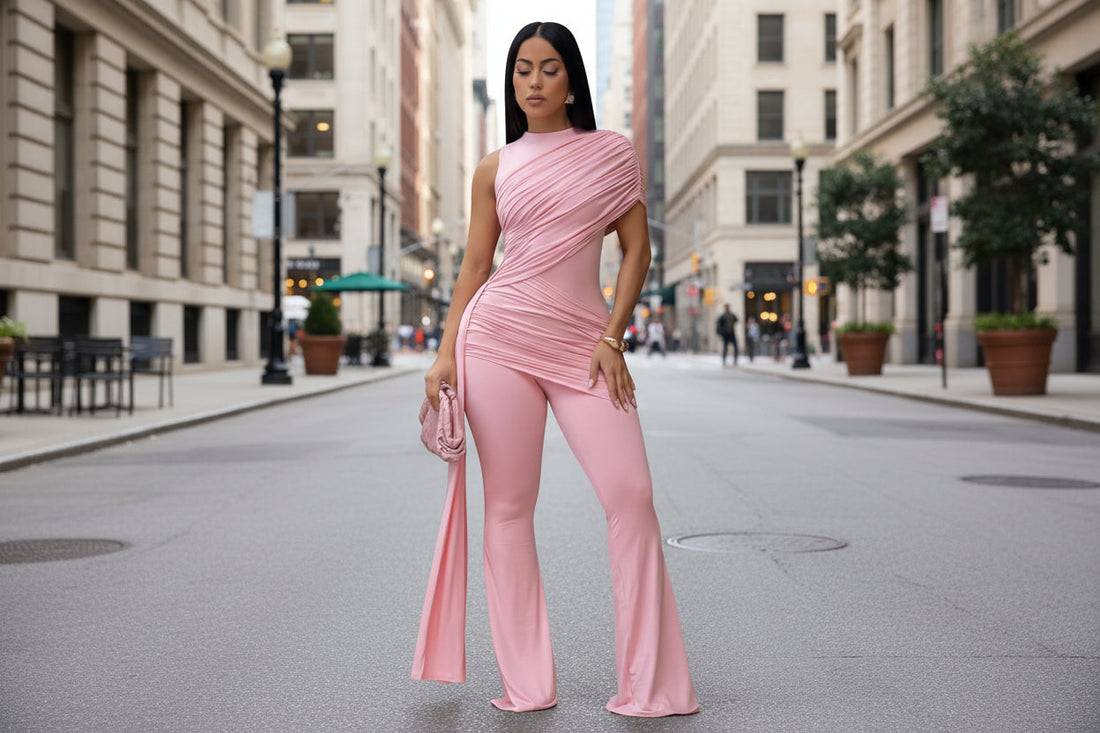 Women's Asymmetric Pleated Flare Jumpsuit High Waist One Piece - Image 2