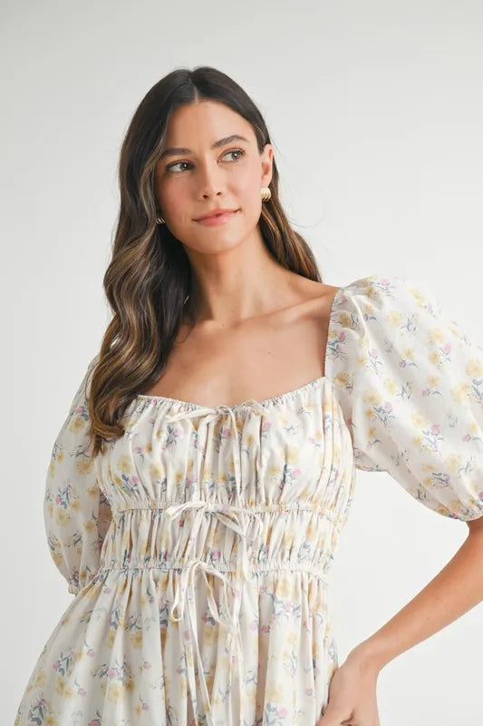Floral Drawstring Puff Sleeve Midi Dress in White, Yellow, Blue