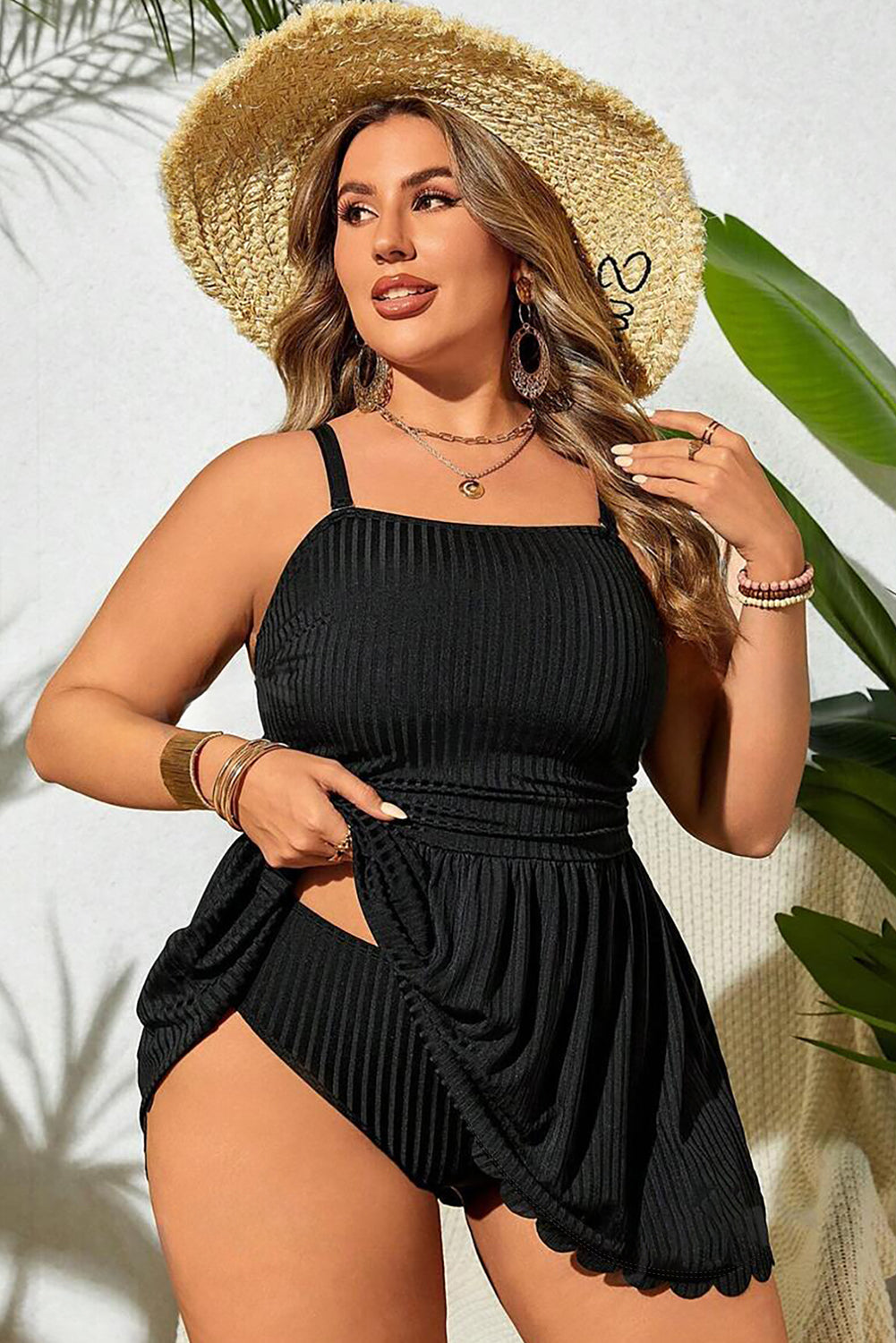 Black Textured Scalloped Trim Swim Dress with Panty