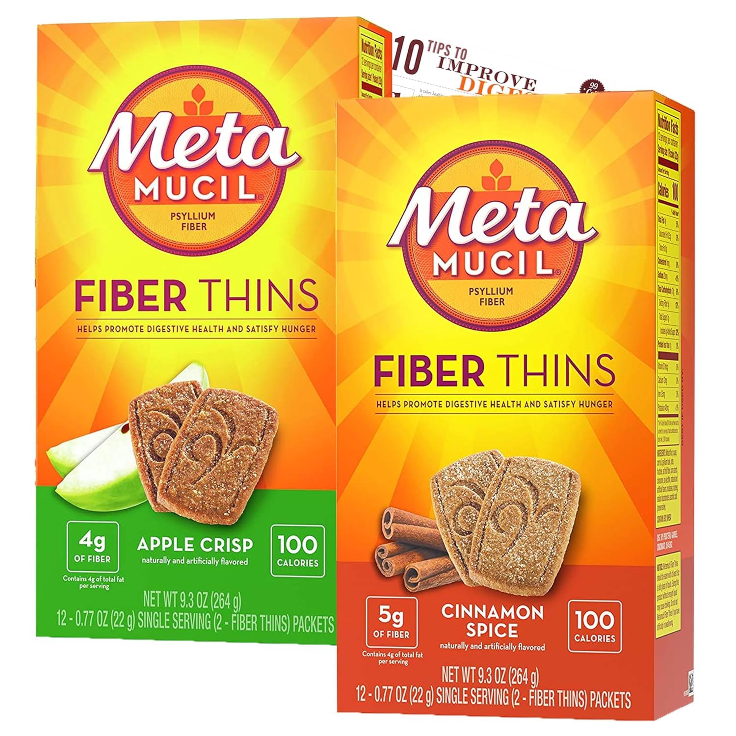 Bleam Fiber Thins Meta Fiber Supplement Digestive Health Support Tip Card Psyllium Fiber Bars - 12CT Cinnamon Spice & 12CT Apple Crisp - Set