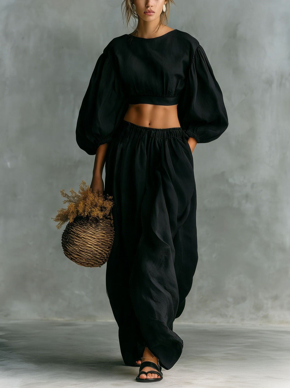Women's Puff-Sleeve Cropped Two-Piece Set with Pocket Trousers - Image 7