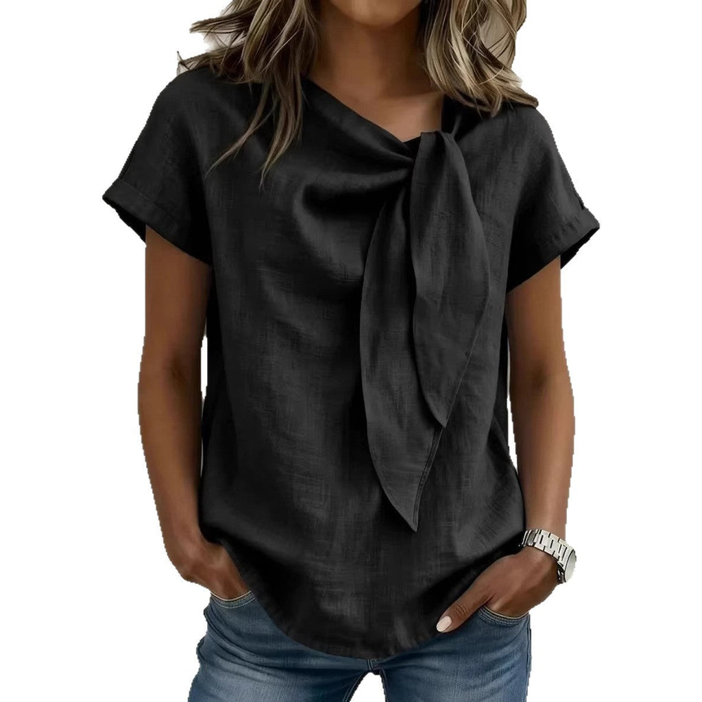 Women's Short Sleeve Tie Neck Blouse in Yellow and Beige
