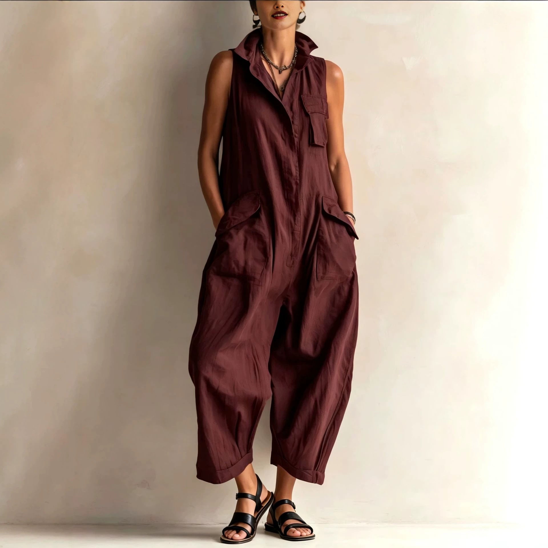 Women's Cotton Sleeveless Cargo Jumpsuit – Wide Leg Multi-Pocket