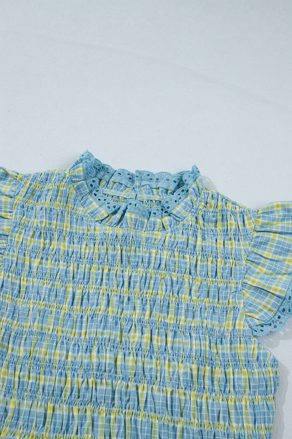 Nia Lace Trim Tank Top with Smocked Neckline and Plaid Print