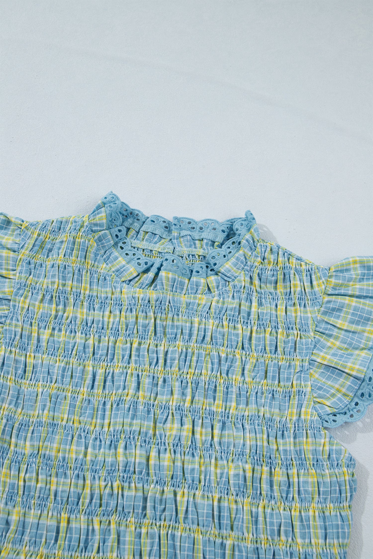 Nia Lace Trim Tank Top with Smocked Neckline and Plaid Print