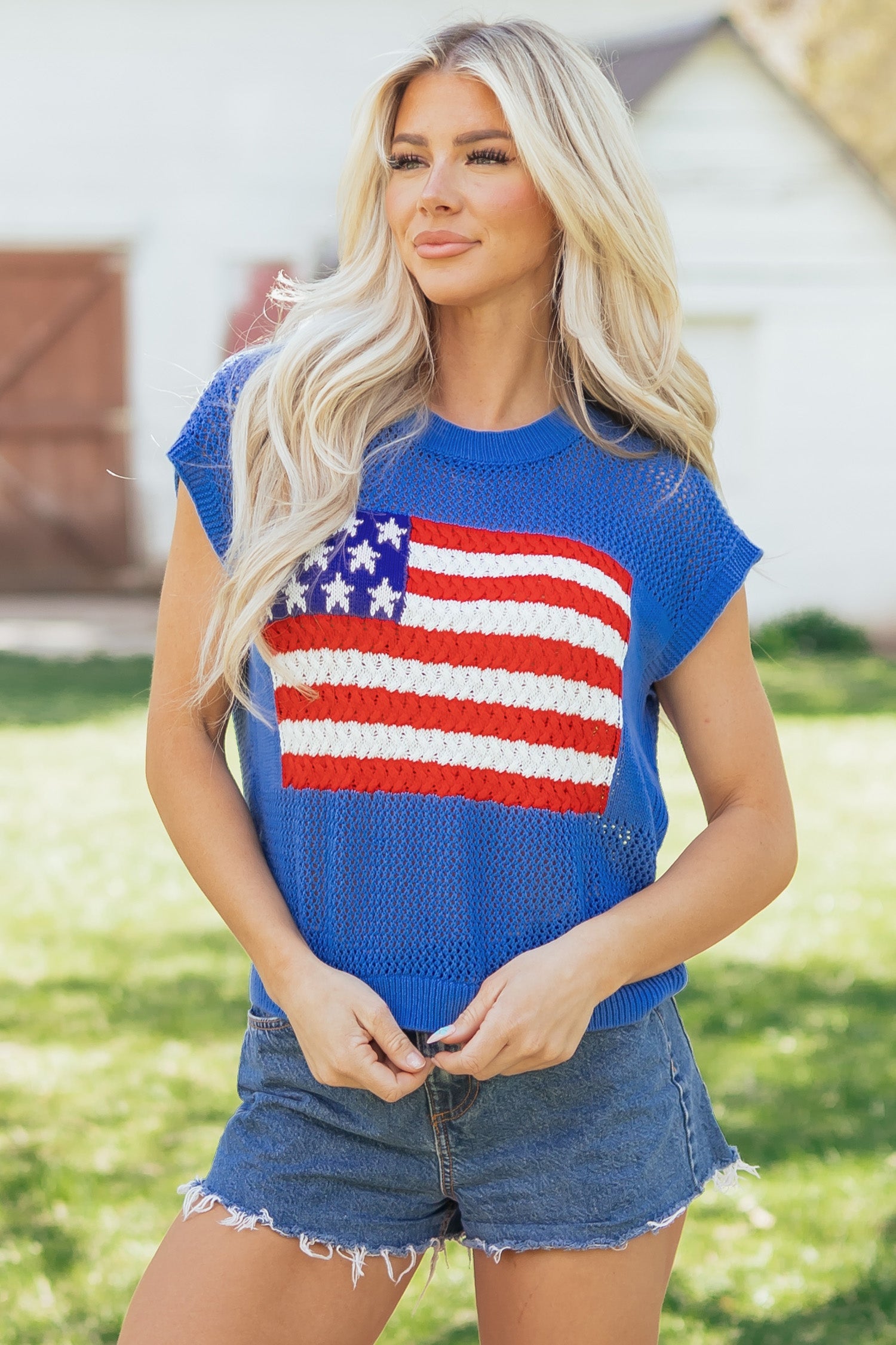 USA Flag Crochet Short Sleeve Sweater Top