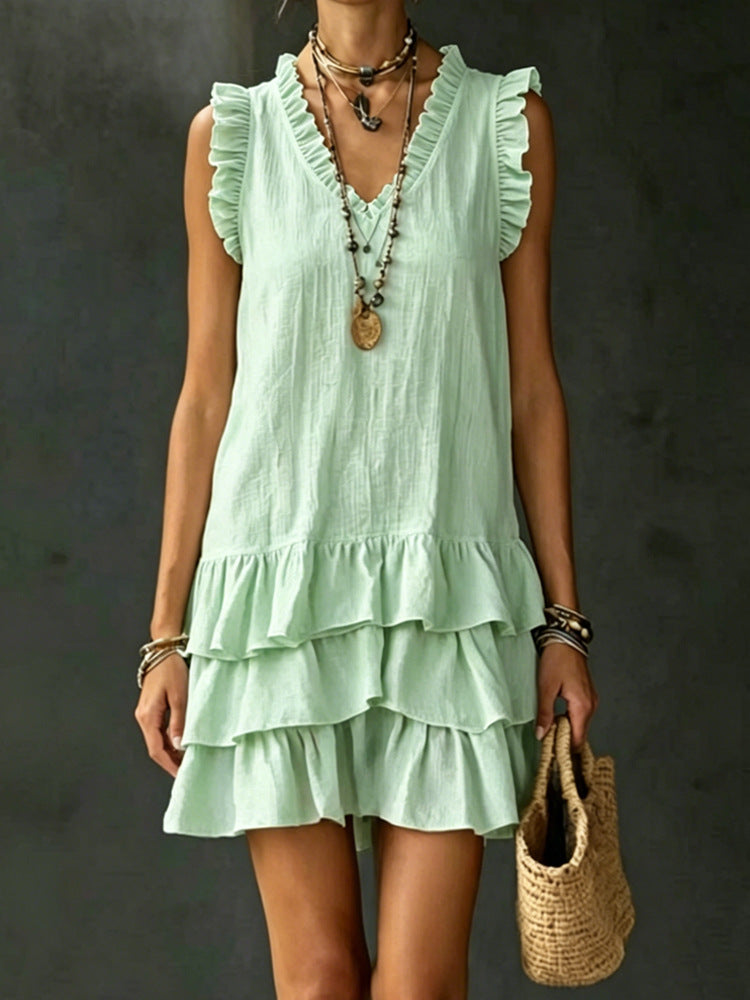 V-Neck Ruffle-Trim Sleeveless Tiered Mini Dress - Image 5