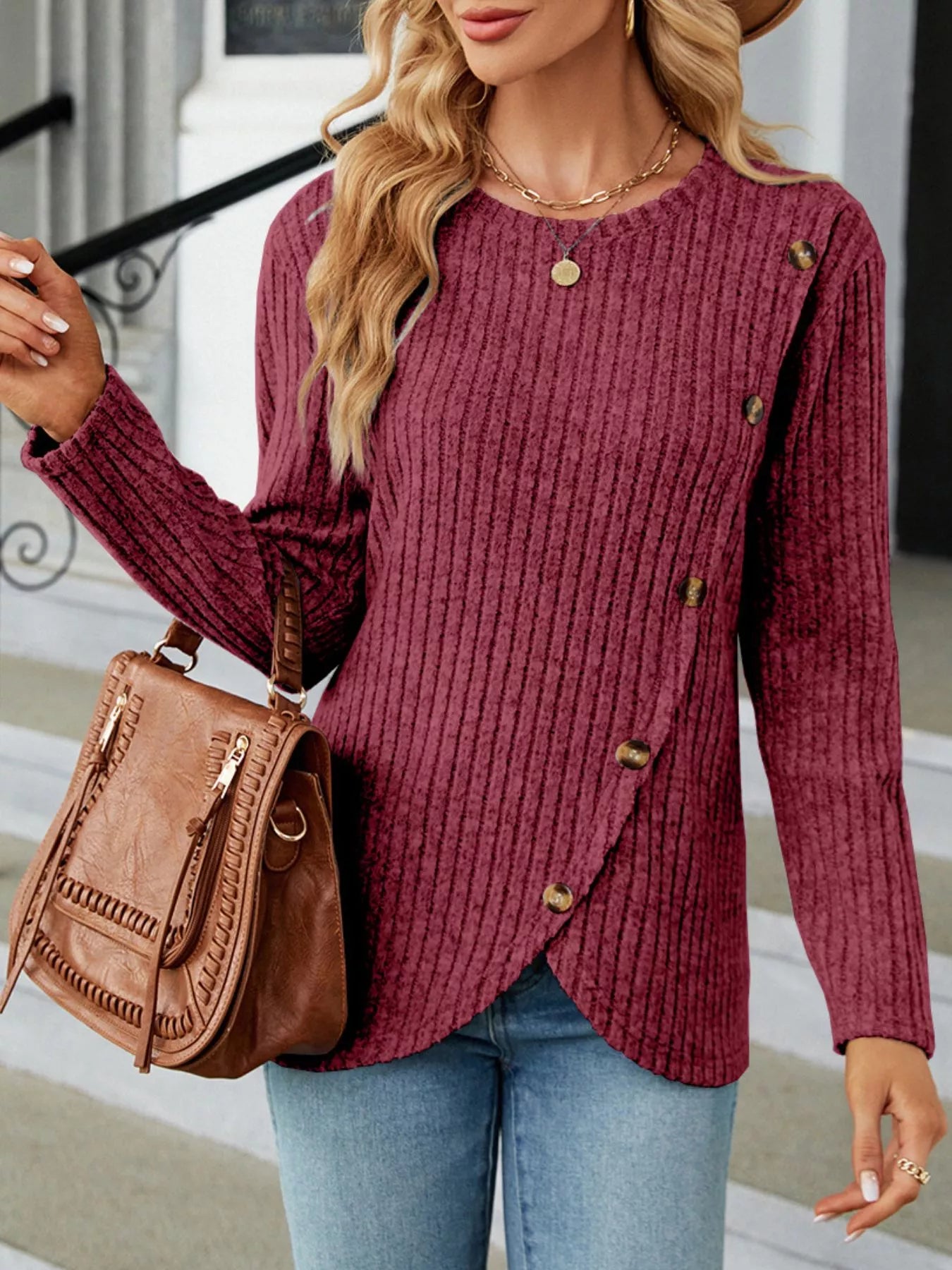 Blue Ribbed Knit Long Sleeve Top with Decorative Button Detail - Image 9
