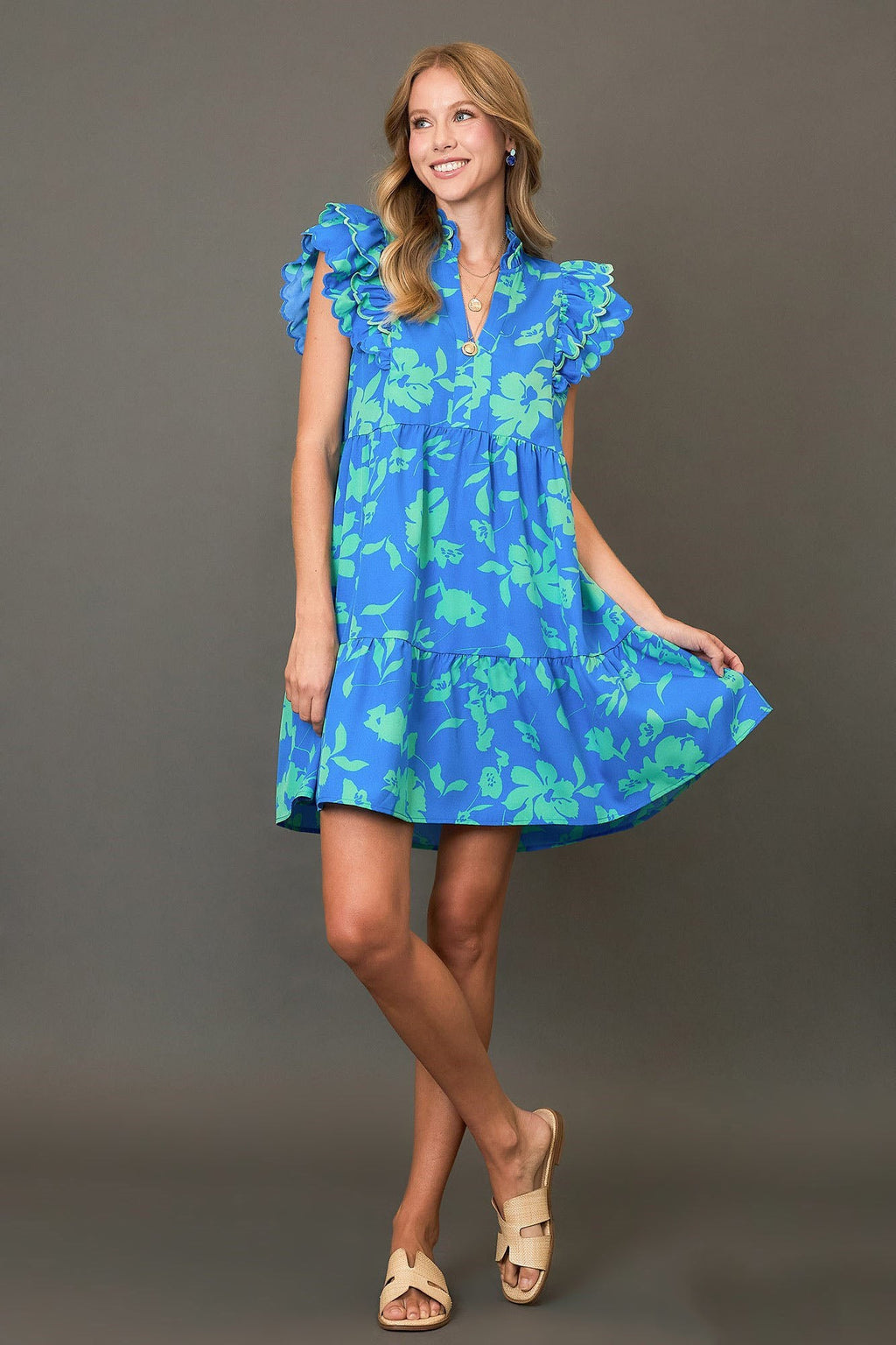 Blue Two-Tone Floral Print Ruffle Cap Sleeve Mini Dress