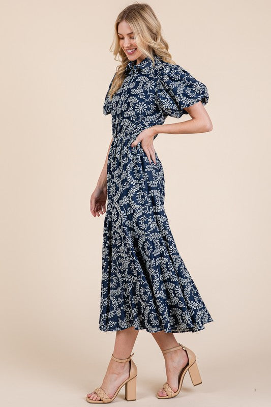Leaf Pattern Eyelet Lace Puff Sleeve Midi Dress