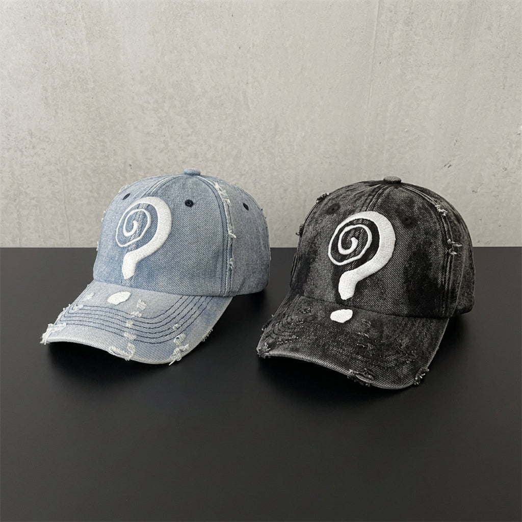 Question Mark Denim Print Washed Baseball Cap