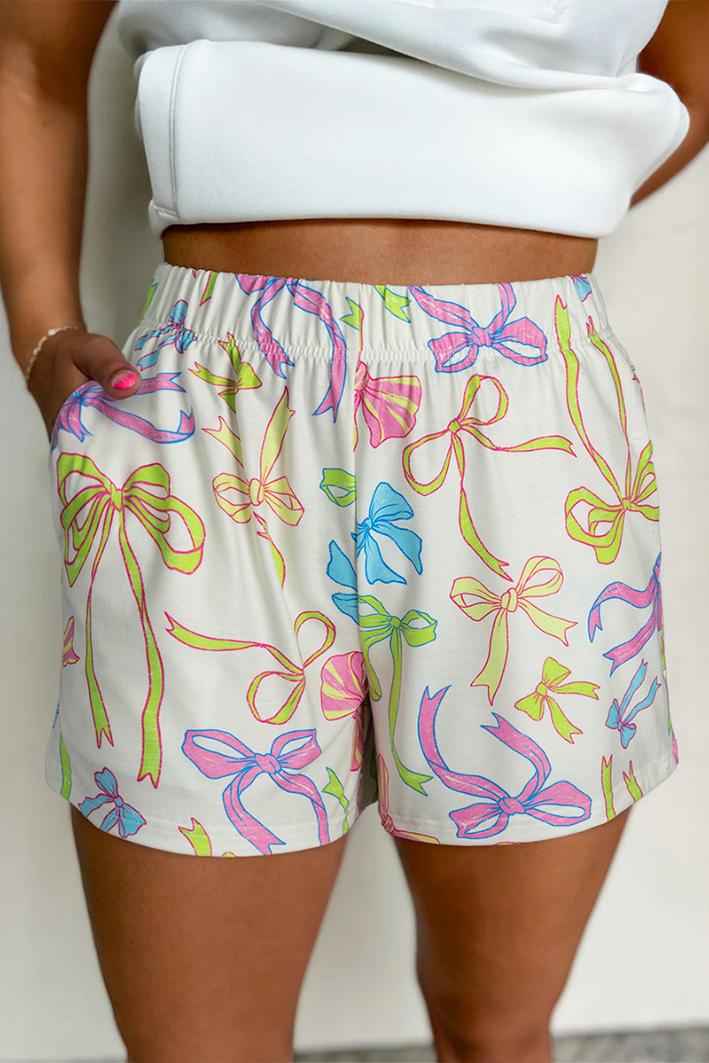 White Colorful Bow Print Pocket Shorts | Summer Elastic Blend