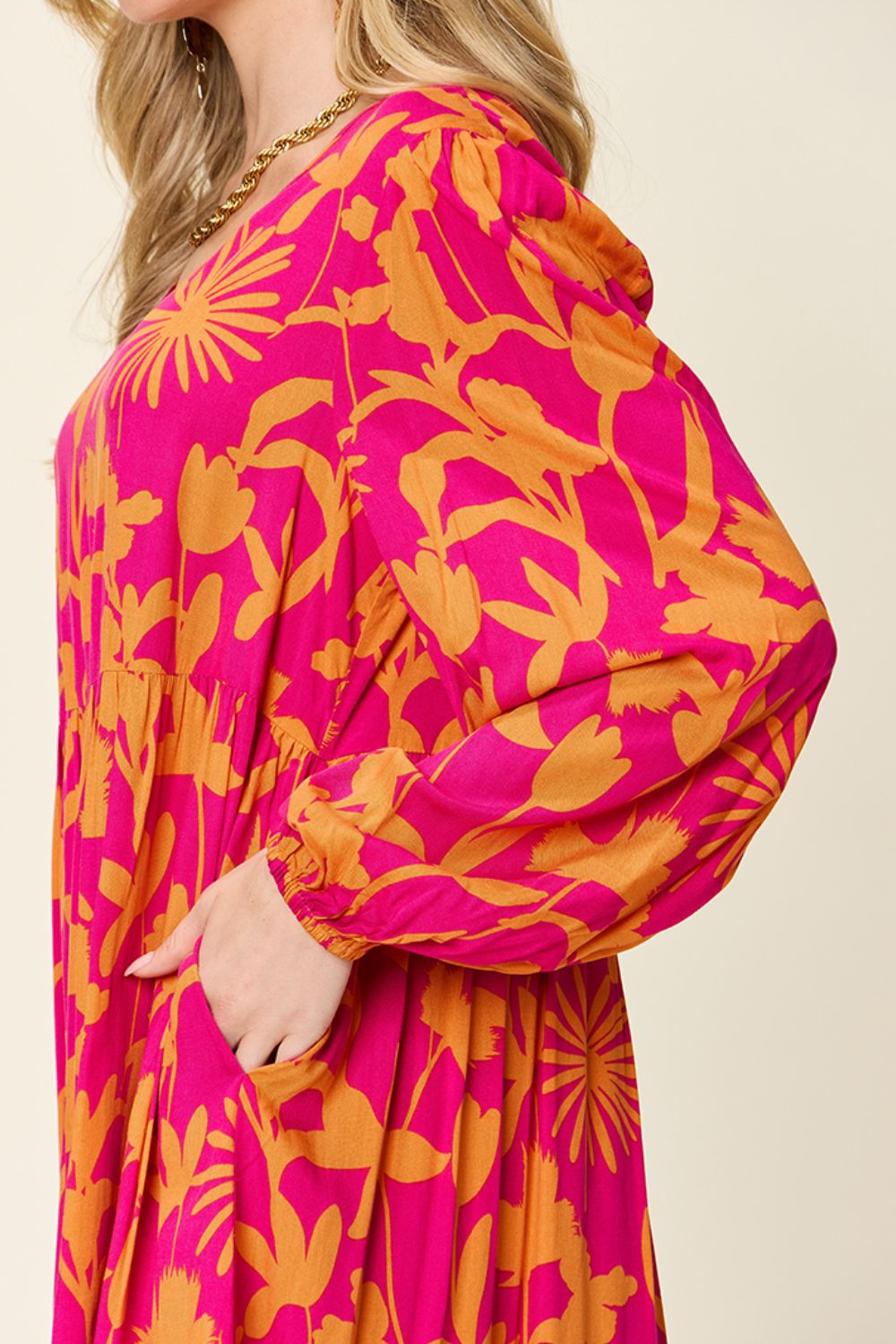Printed Ruffle Hem Dress with Functional Pockets