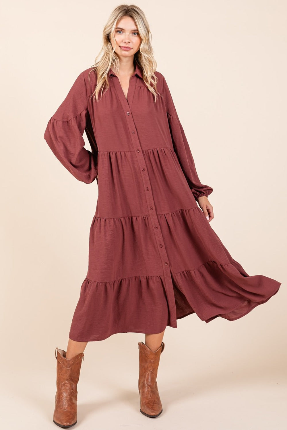 Tiered Button Down Long Sleeve Midi Dress for Women