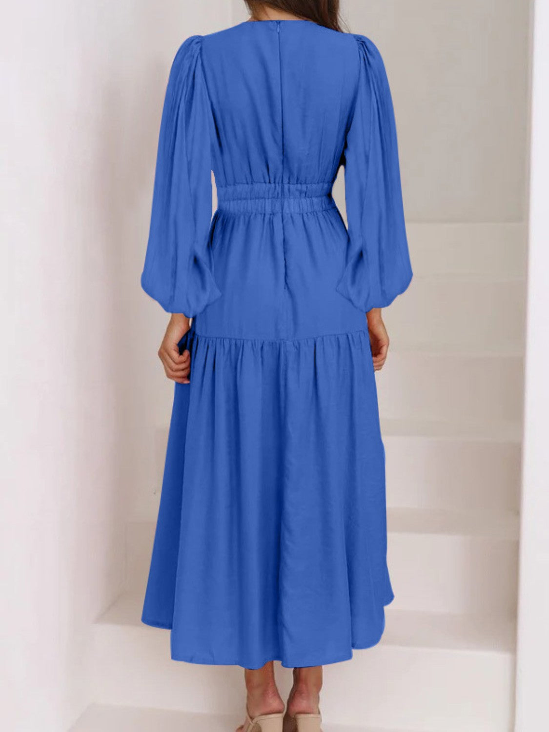 Bohemian Deep V-Neck Maxi Dress with Dramatic Balloon Sleeves