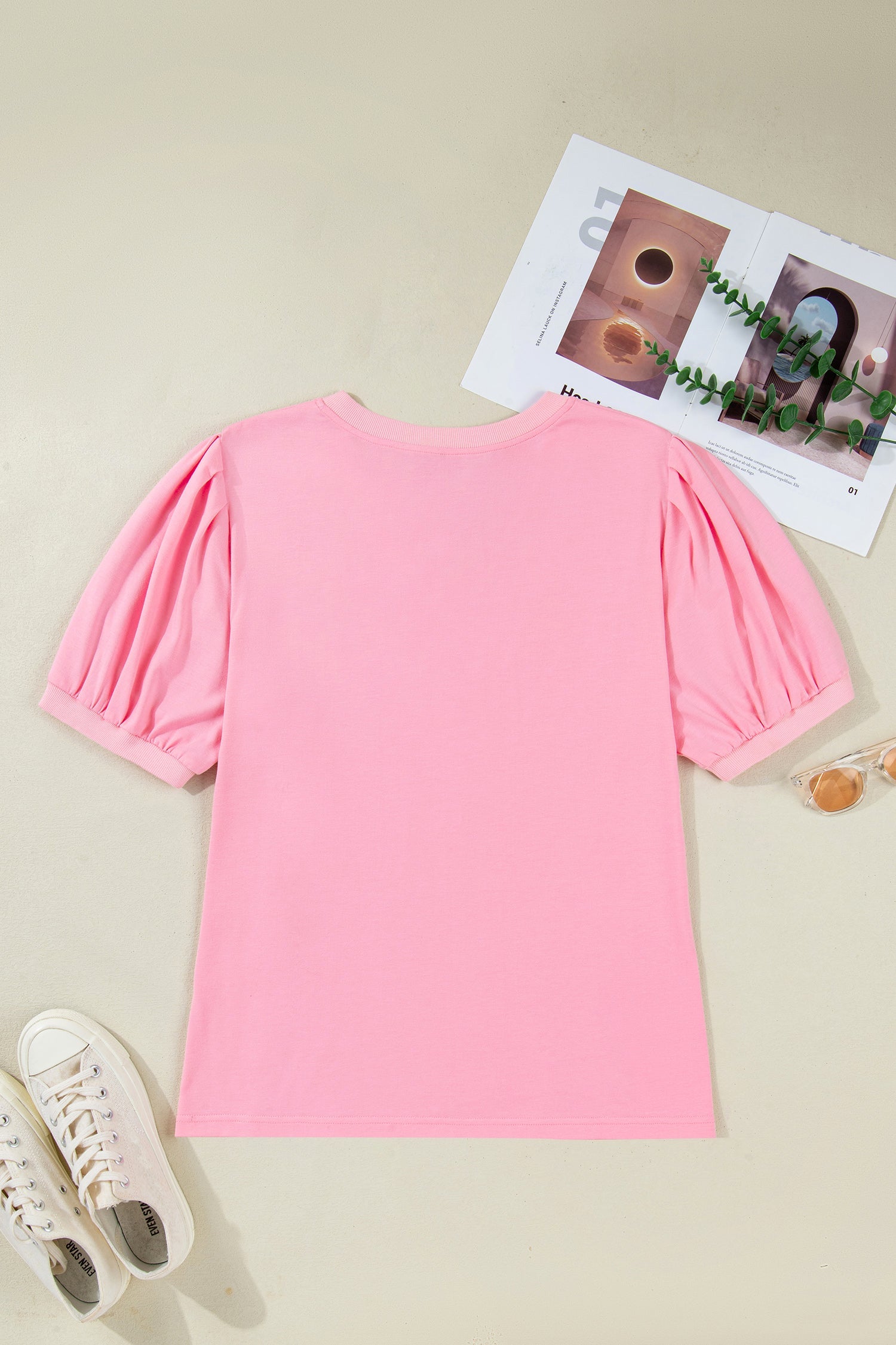 Solid V-Neck Pleated Puff Sleeve Blouse in Pink